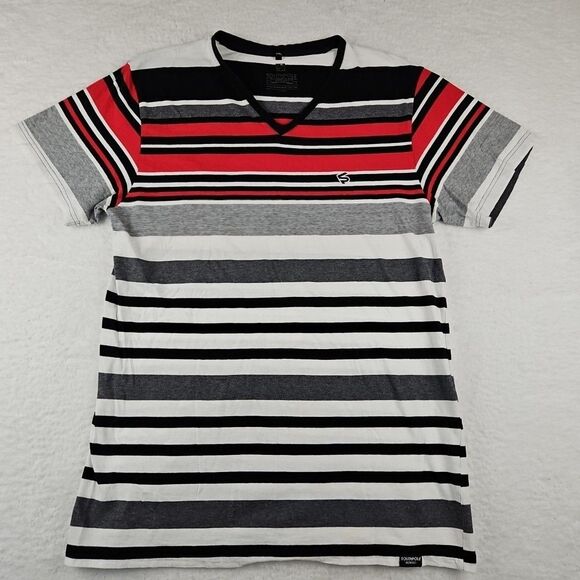 VTG SOUTHPOLE Mens White/Grey/Red Striped Shirt S/S Sz 2XL *Fits L*‎ V Neck - Picture 2 of 9